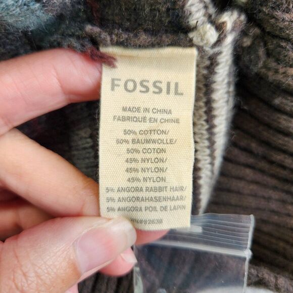 Fossil Sweater Mens M Brown Striped Shawl Collar Pullover Ribbed Knit Grandpa - Picture 10 of 16